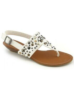 NEW Bamboo Women's 6.5 White Vegan Leather Studded Low Heel Thong Wedges Sandals